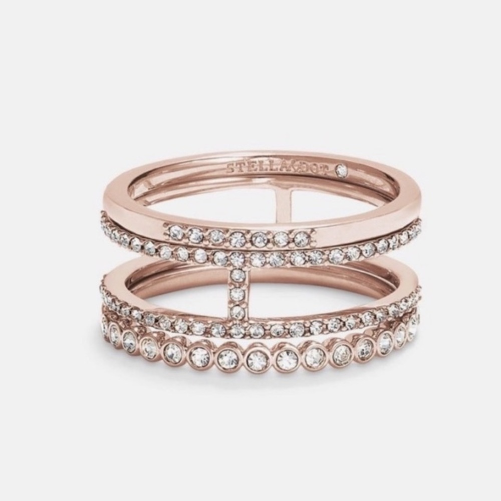 Stella & Dot | ROSEGOLD & Pavé Crystal Set of 3 Imperial Stacking Rings - Picture 6 of 8